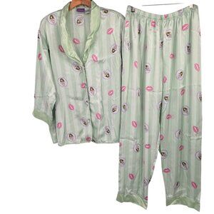 Suzanne Somers Loungewear Pajama Set Mint Green Lips  size large satin